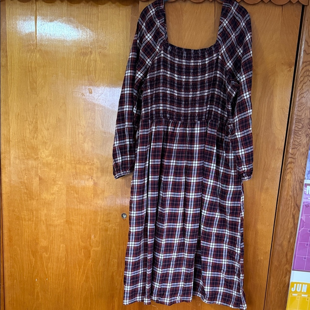 Lane Bryant Burgundy Plaid Long Sleeve Midi Dress
